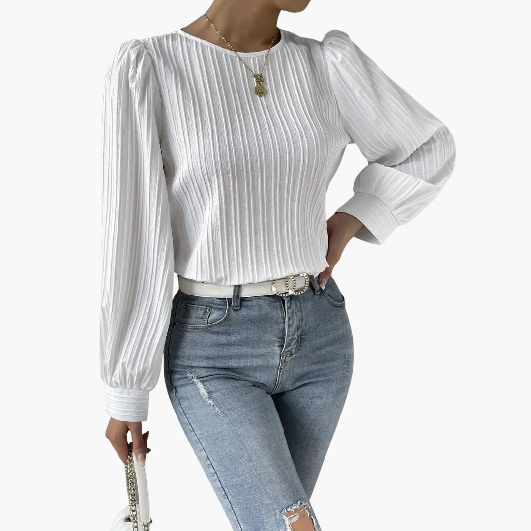 Blouse femme col rond et manches longues plissées