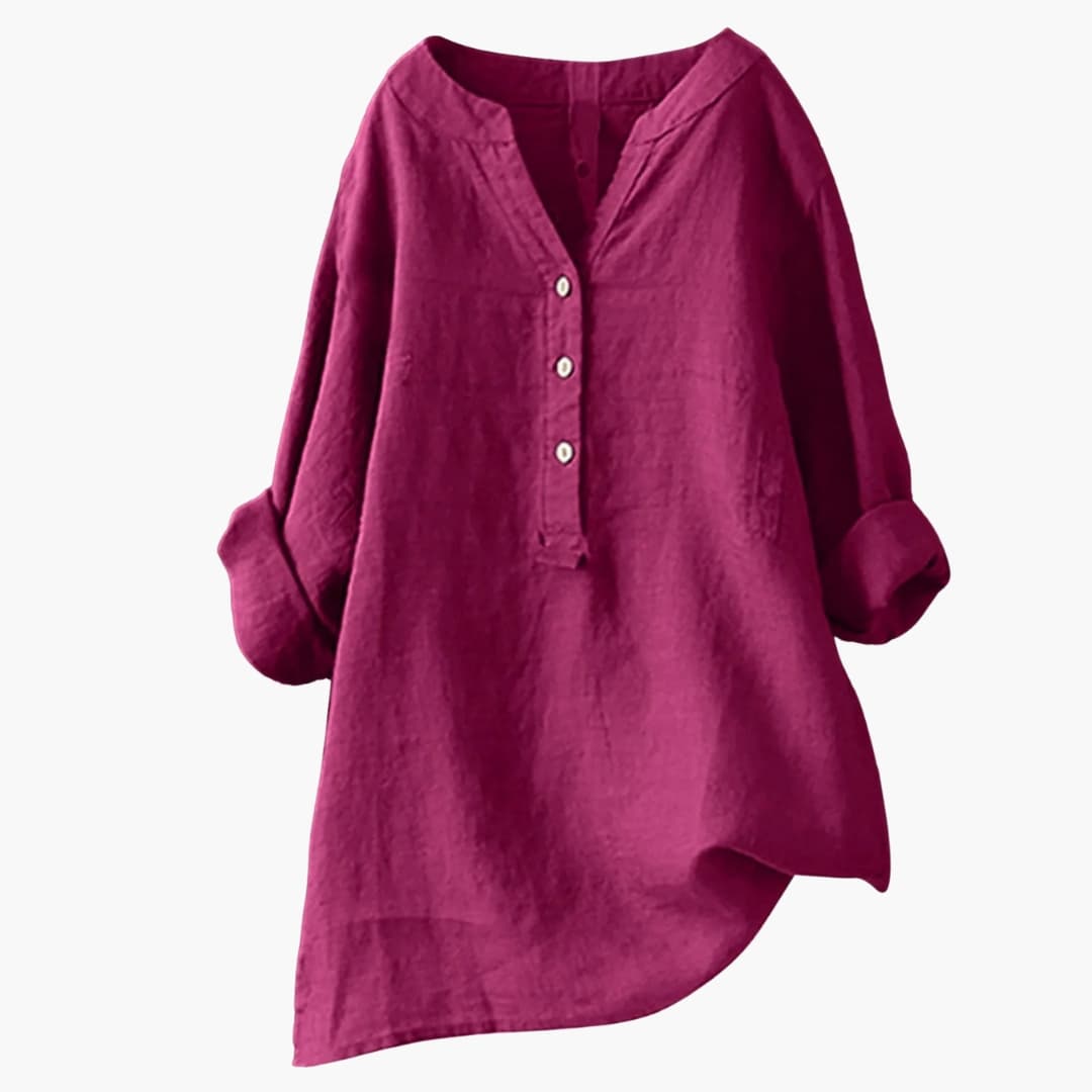 Blouse femme en lin avec col V et patte boutonnée