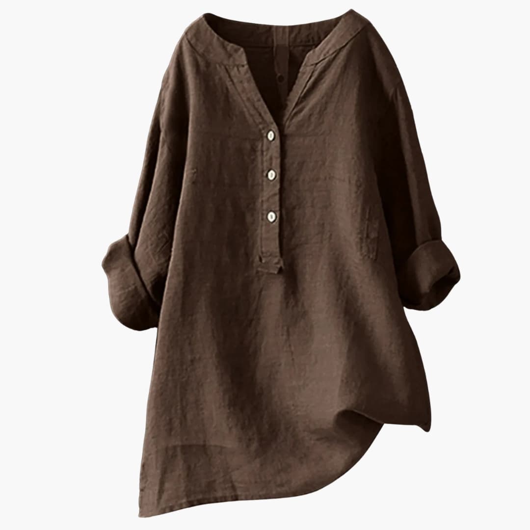 Blouse femme en lin avec col V et patte boutonnée