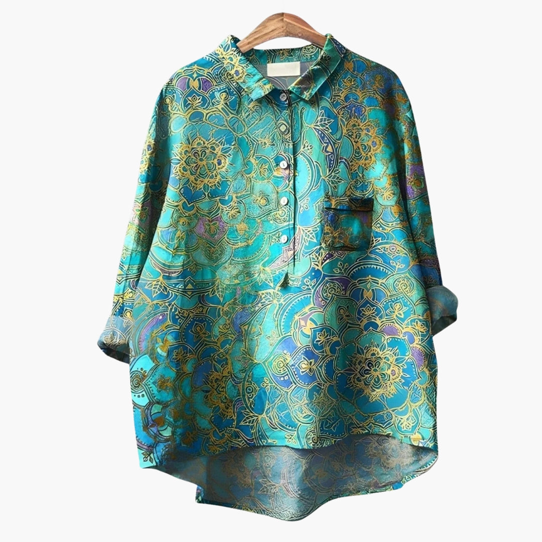 Camicia da donna stampata floreale con colletto e patta con bottoni