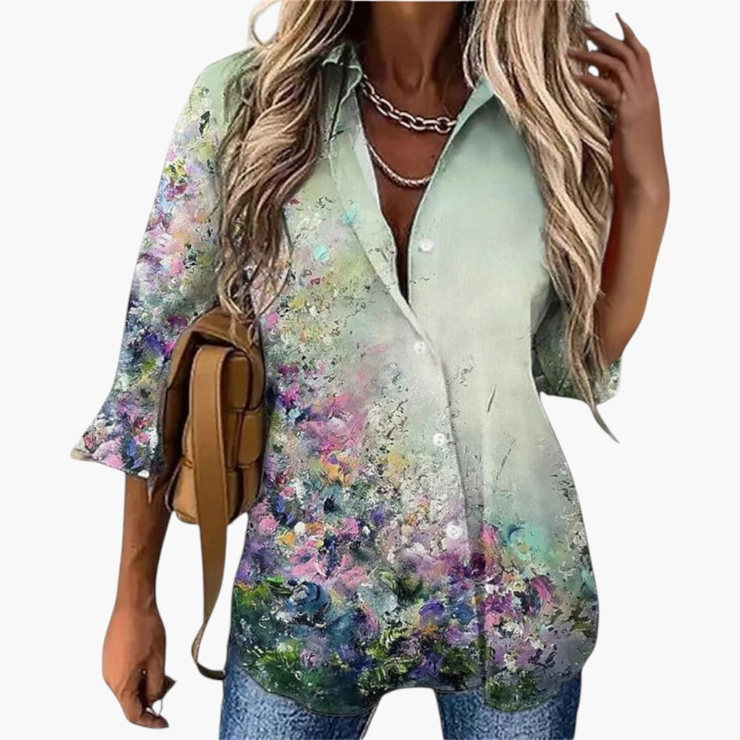 Camicia da donna con stampa floreale e patta con bottoni