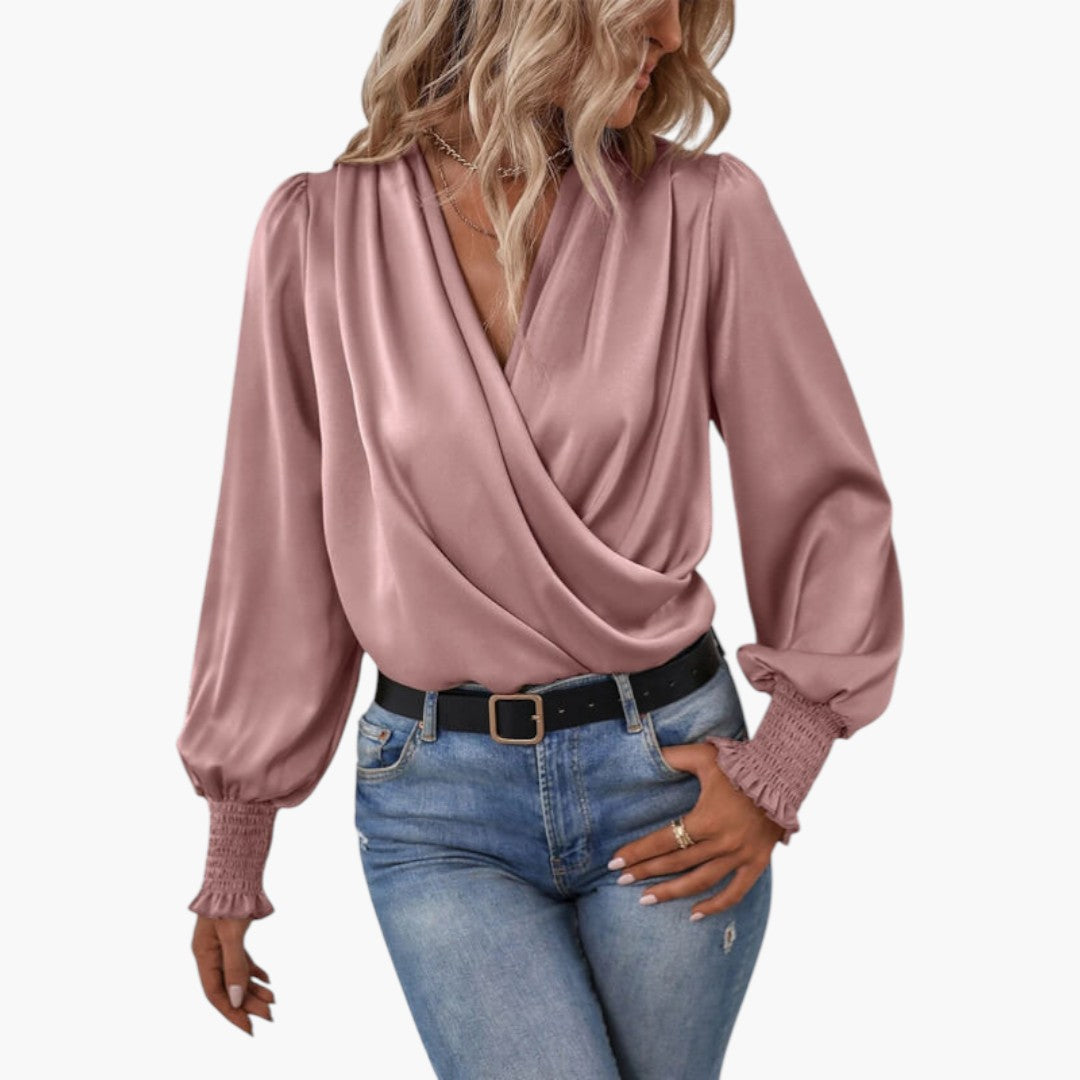 Camicia donna incrociata con scollo a V e polsini arricciati