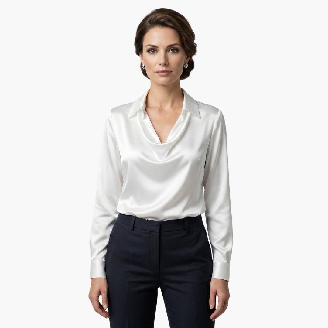Satin blouse for women with draped collar and long sleeves