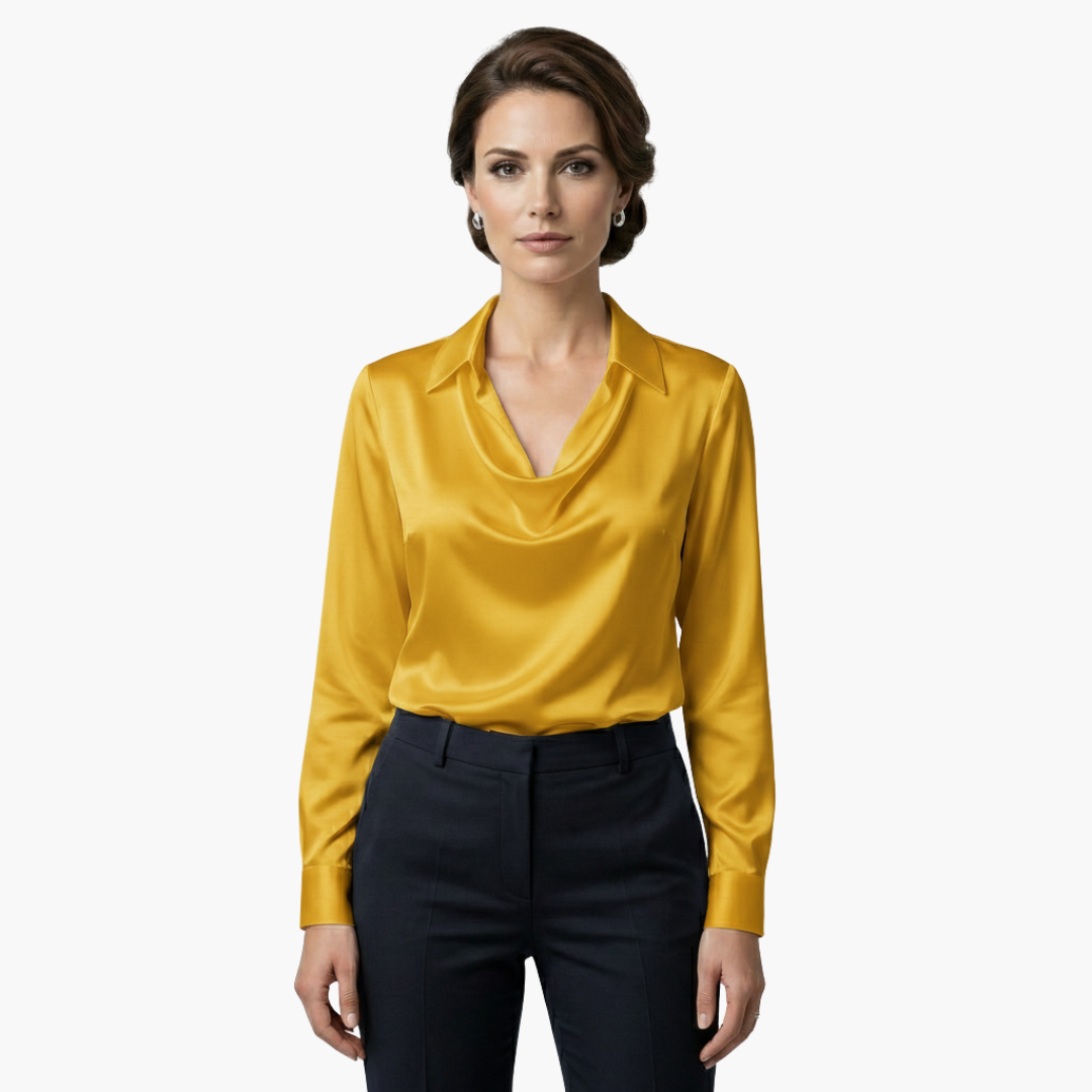 Satin blouse for women with draped collar and long sleeves