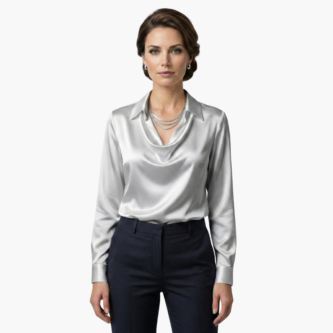Satin blouse for women with draped collar and long sleeves
