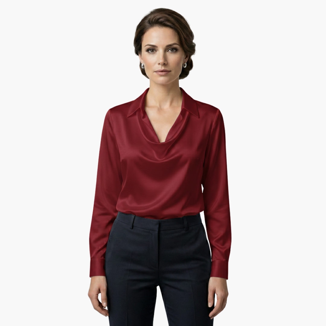 Satin blouse for women with draped collar and long sleeves