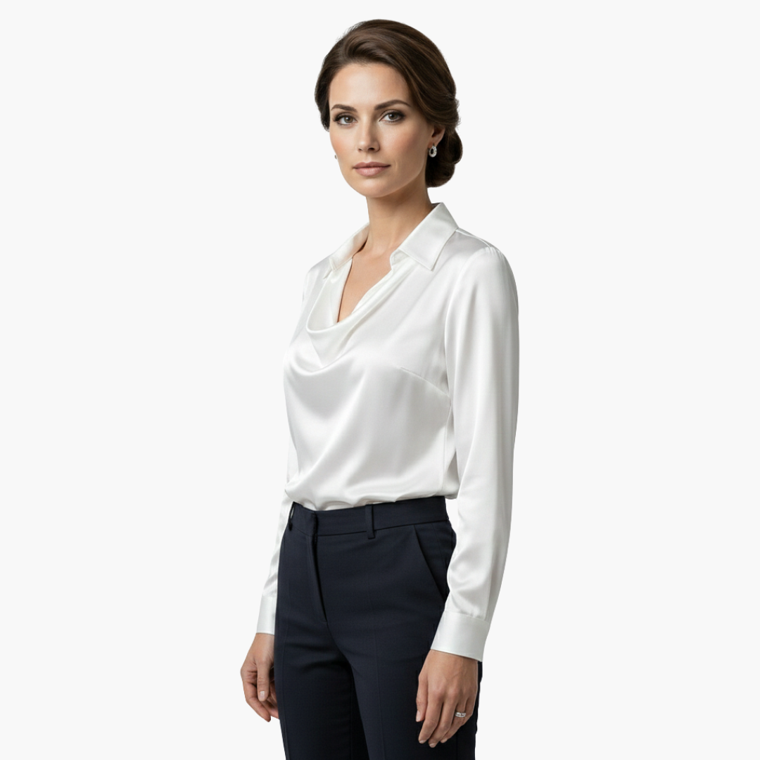 Satin blouse for women with draped collar and long sleeves