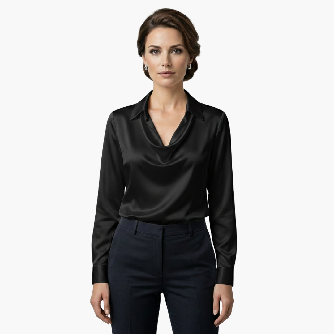 Satin blouse for women with draped collar and long sleeves