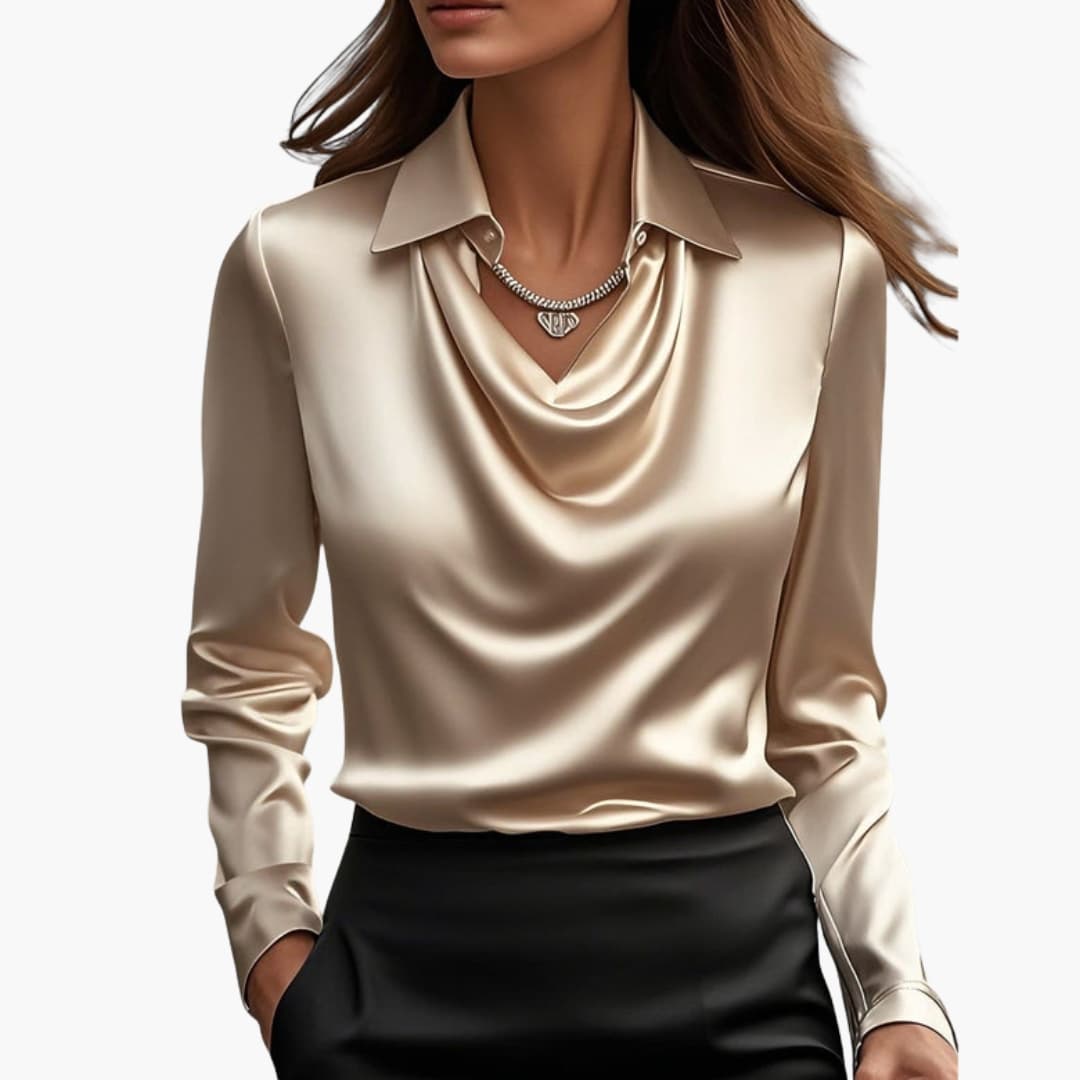 Blouse femme satinée à col drapé et manches longues