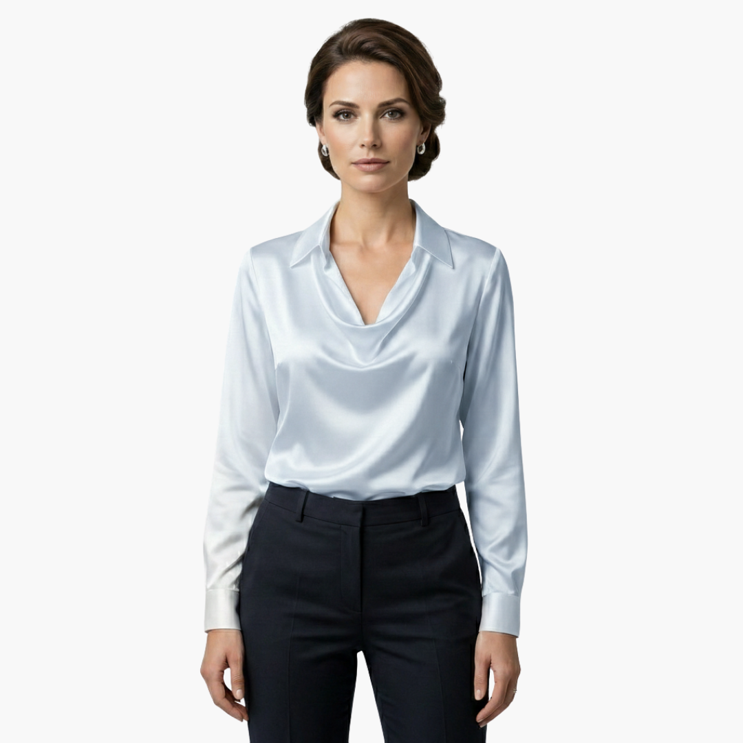 Satin blouse for women with draped collar and long sleeves