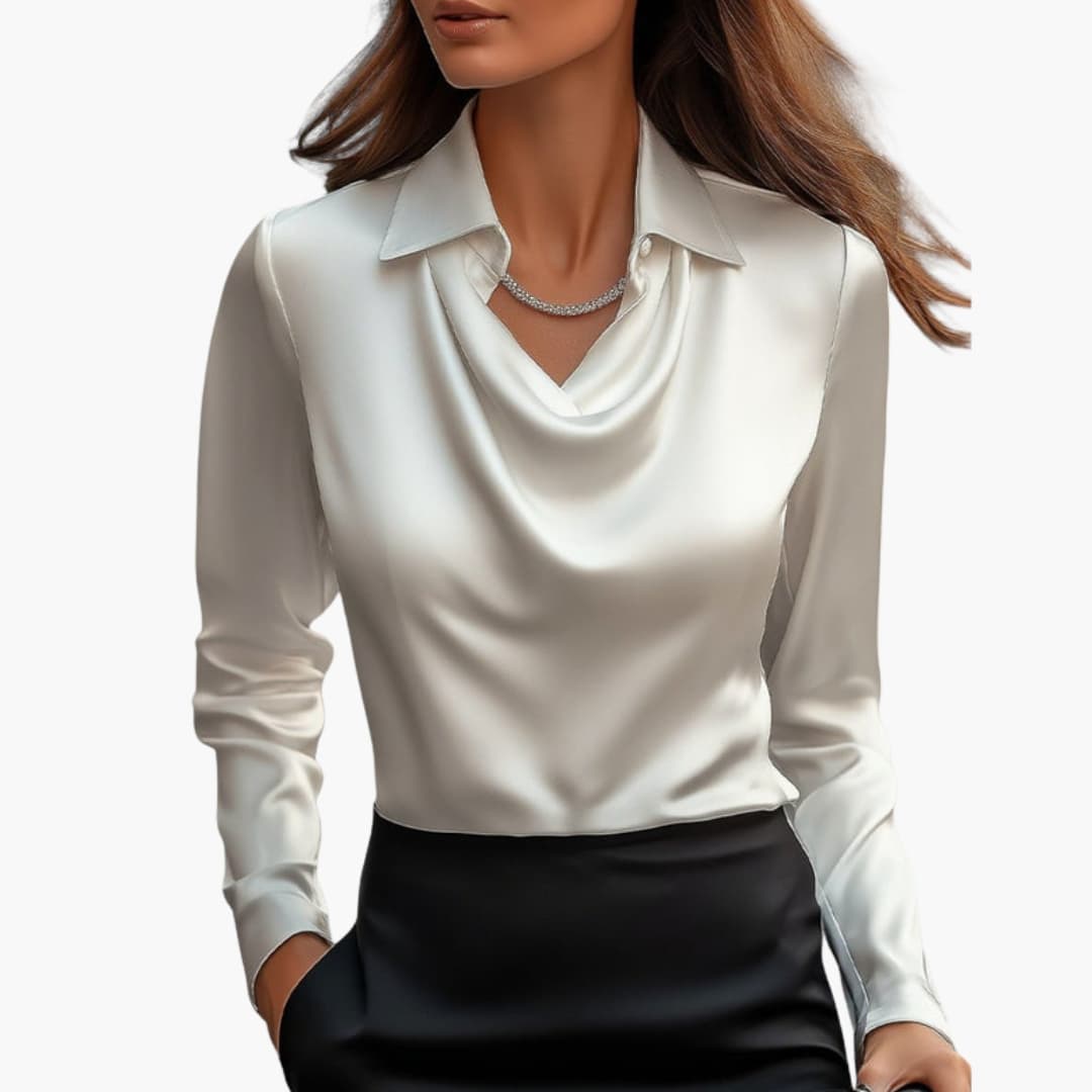 Blouse femme satinée à col drapé et manches longues