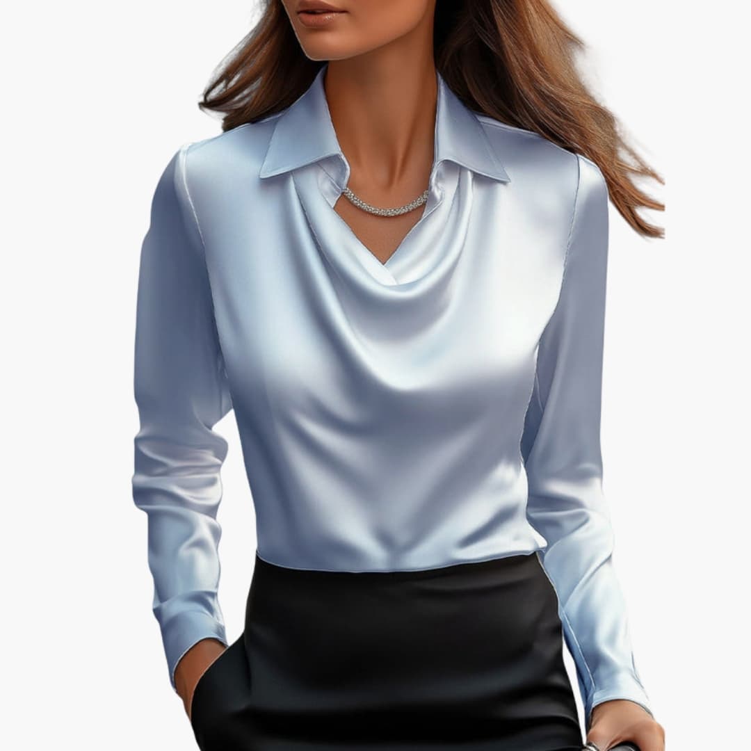 Blouse femme satinée à col drapé et manches longues