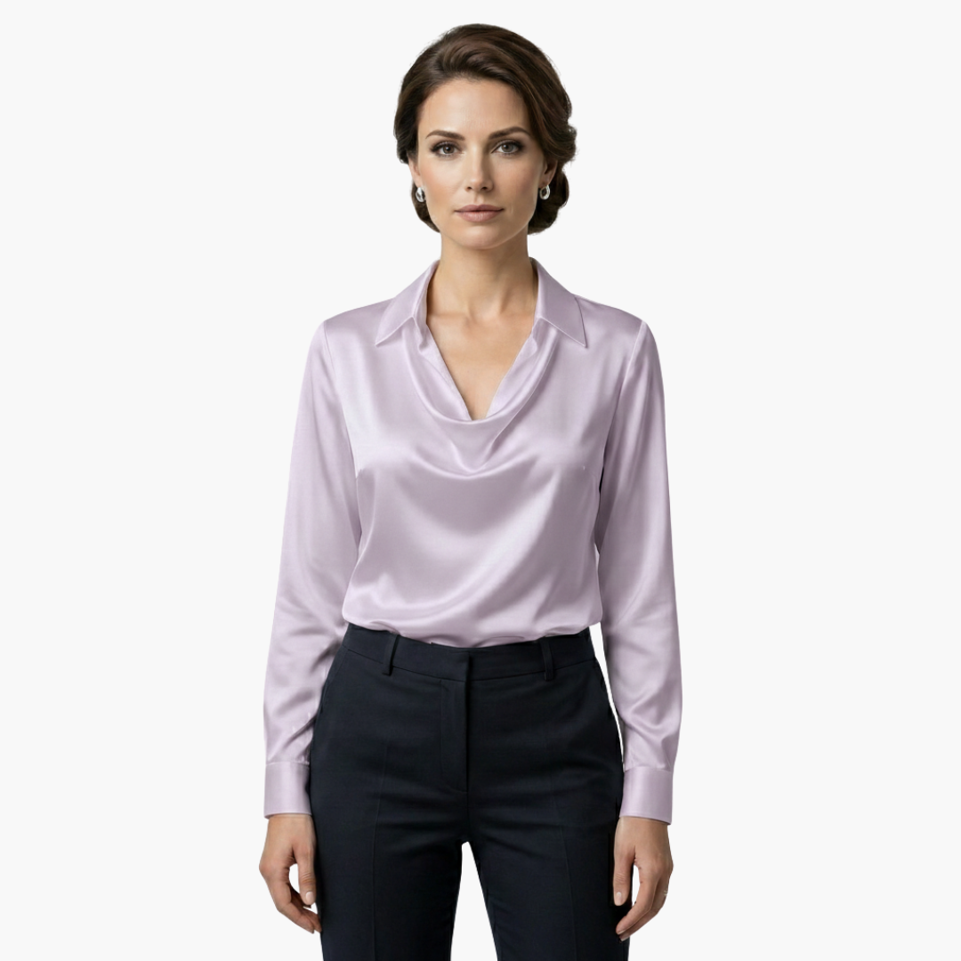 Satin blouse for women with draped collar and long sleeves