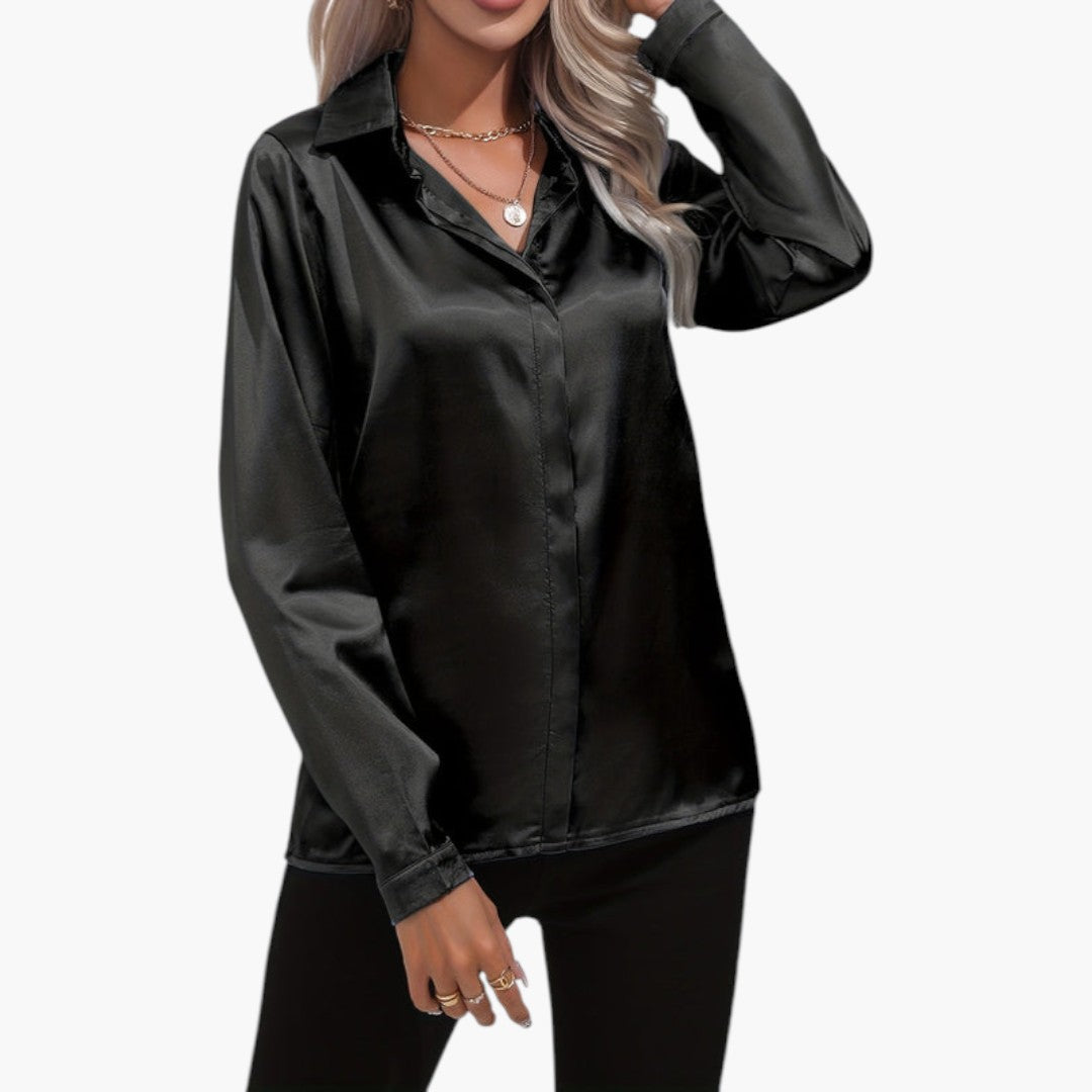 Blusa feminina acetinada com fecho de botões