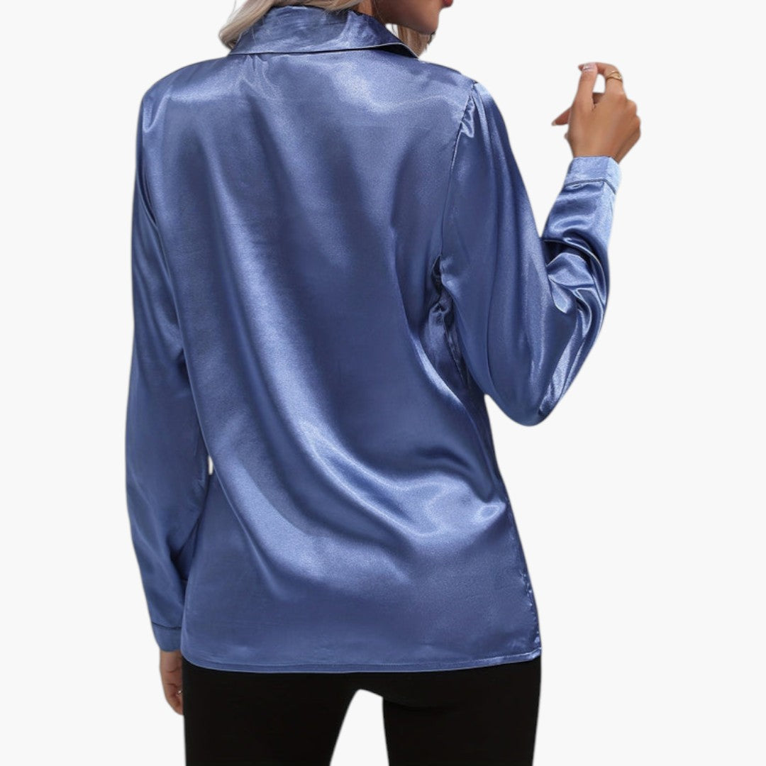Blusa feminina acetinada com fecho de botões