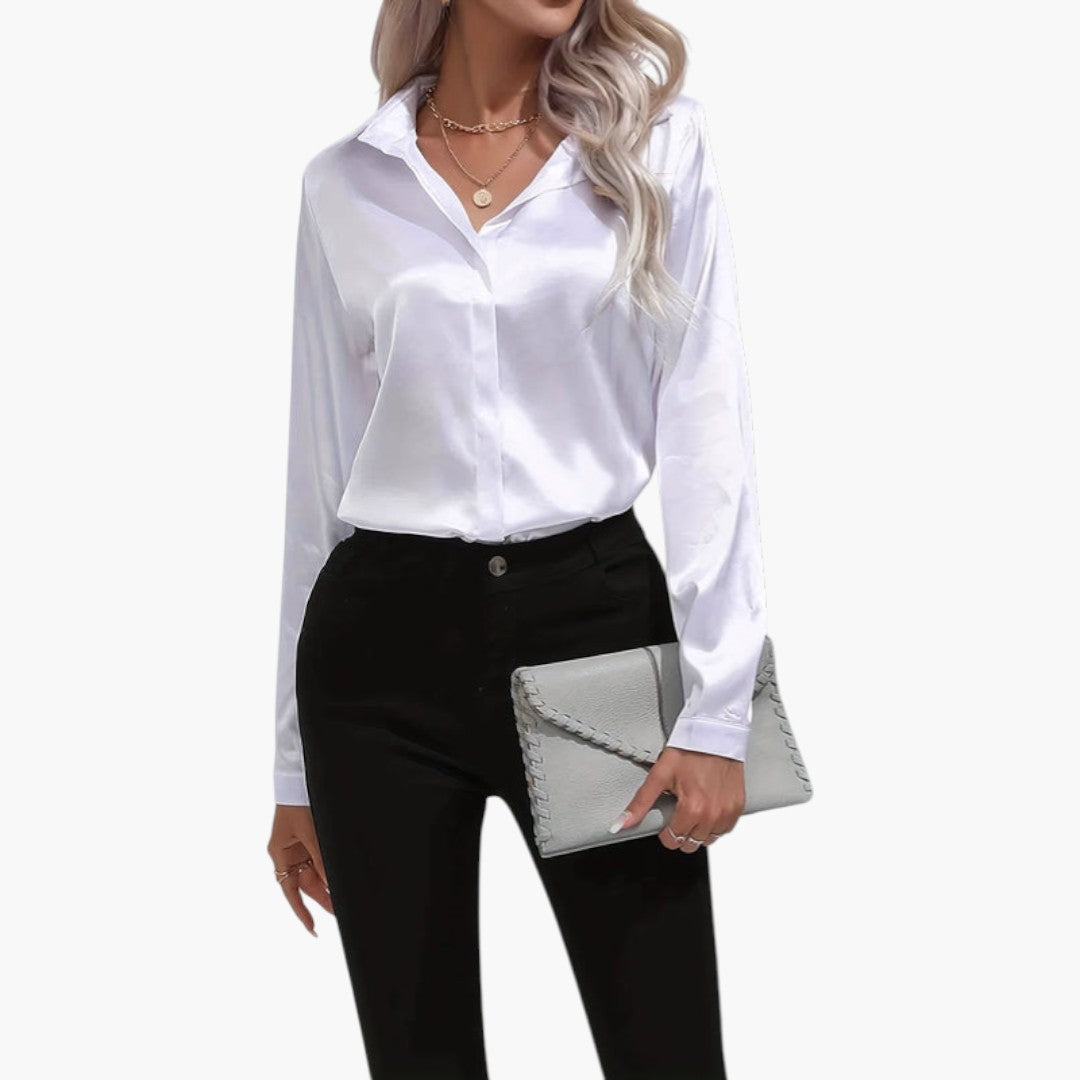 Blusa feminina acetinada com fecho de botões