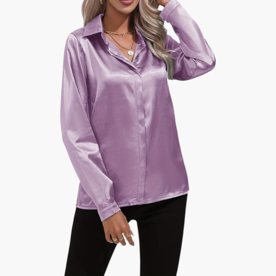 Blusa feminina acetinada com fecho de botões