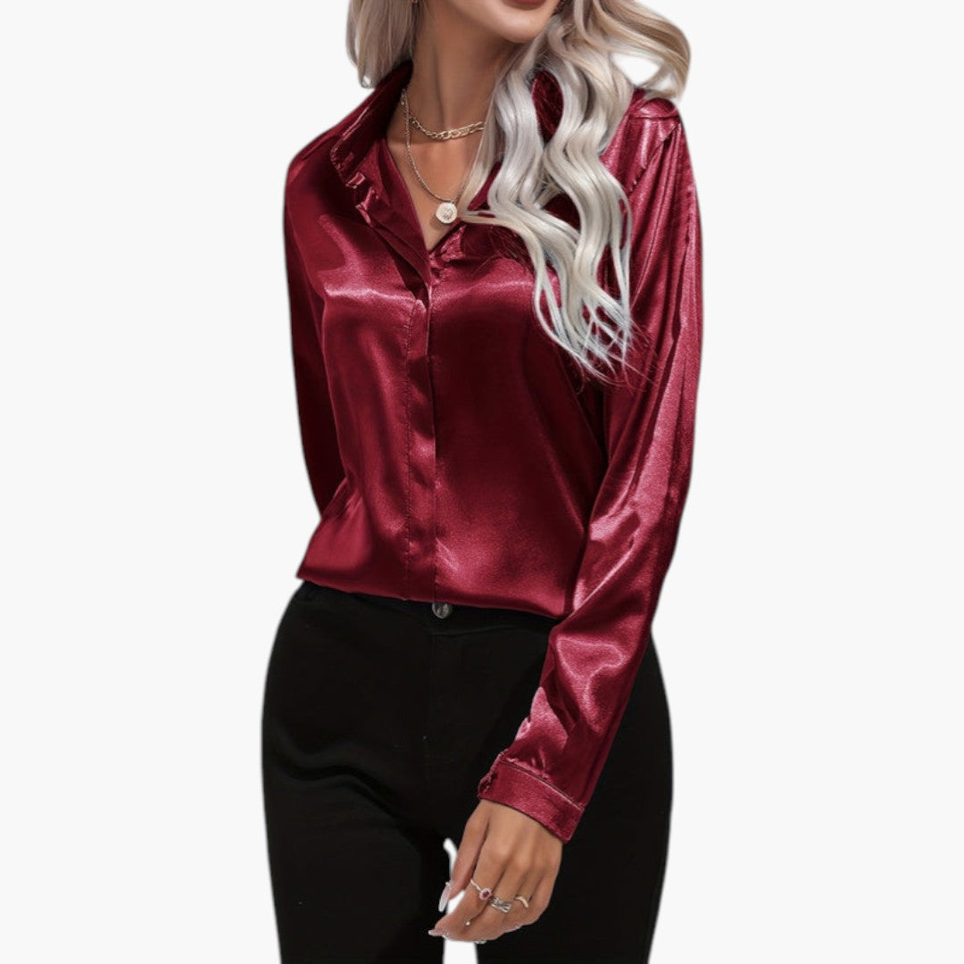 Blusa feminina acetinada com fecho de botões