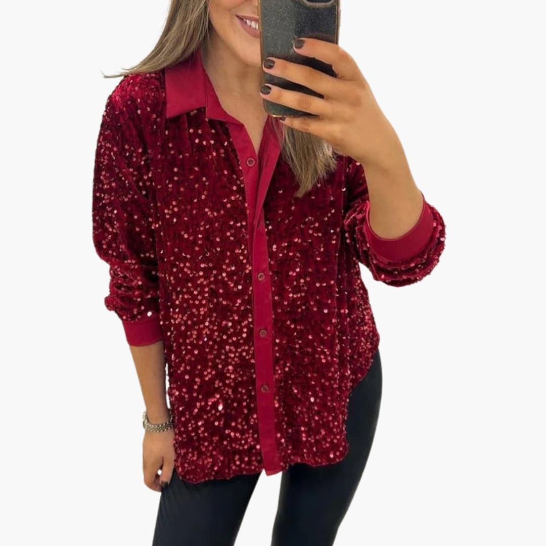 Blusa paillettata con paillettes da donna Collo classico e chiusura con bottoni