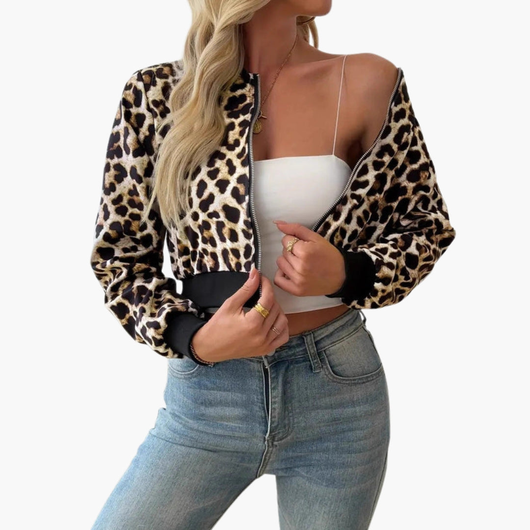 Bomber Donna con Motivo Leopardo e Finiture a Costine