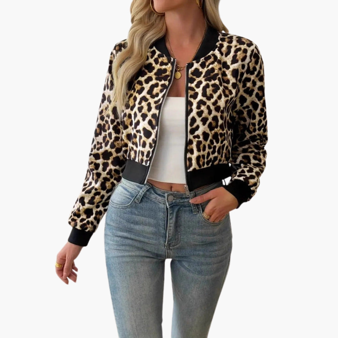 Bomber Donna con Motivo Leopardo e Finiture a Costine
