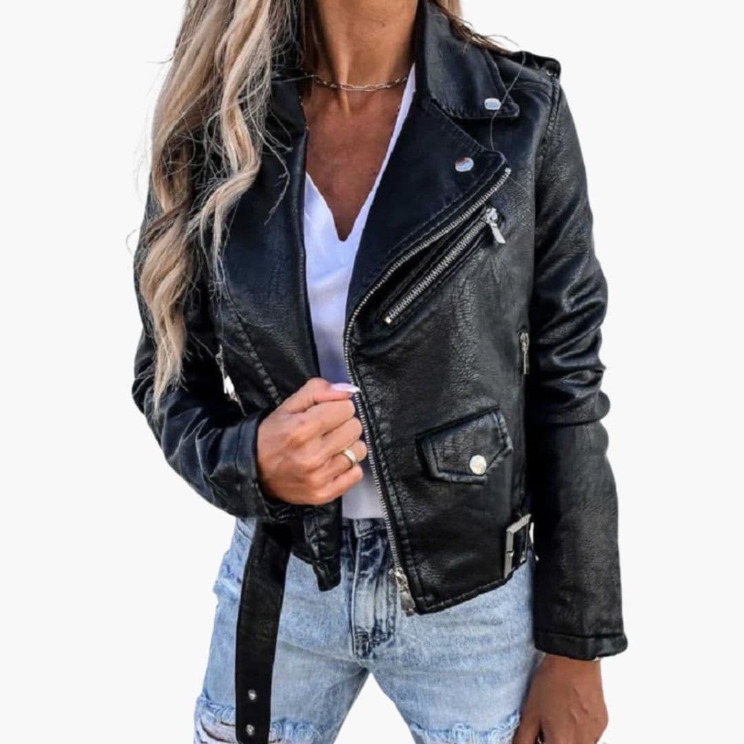 Blouson Motard Femme avec Col à Revers