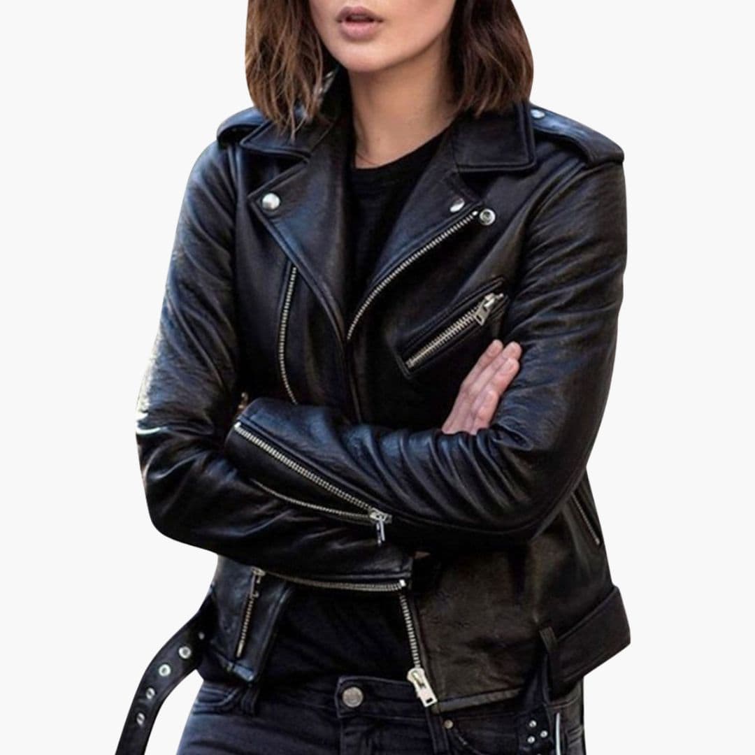 Blouson Motard Femme avec Col à Revers