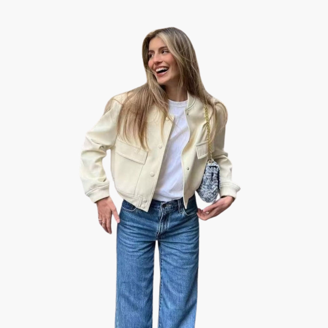 Bomber corto da donna con tasche a patta