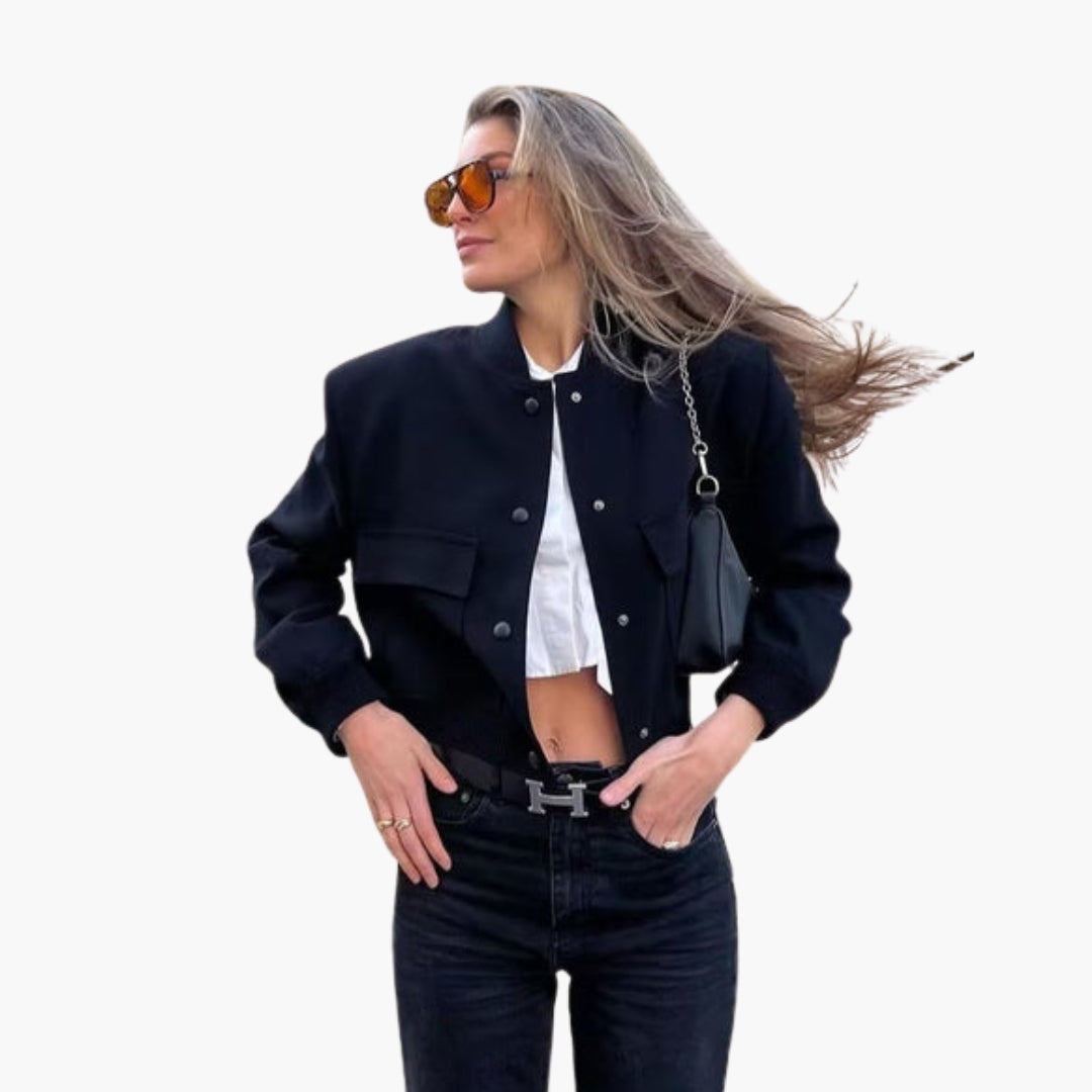 Bomber corto da donna con tasche a patta