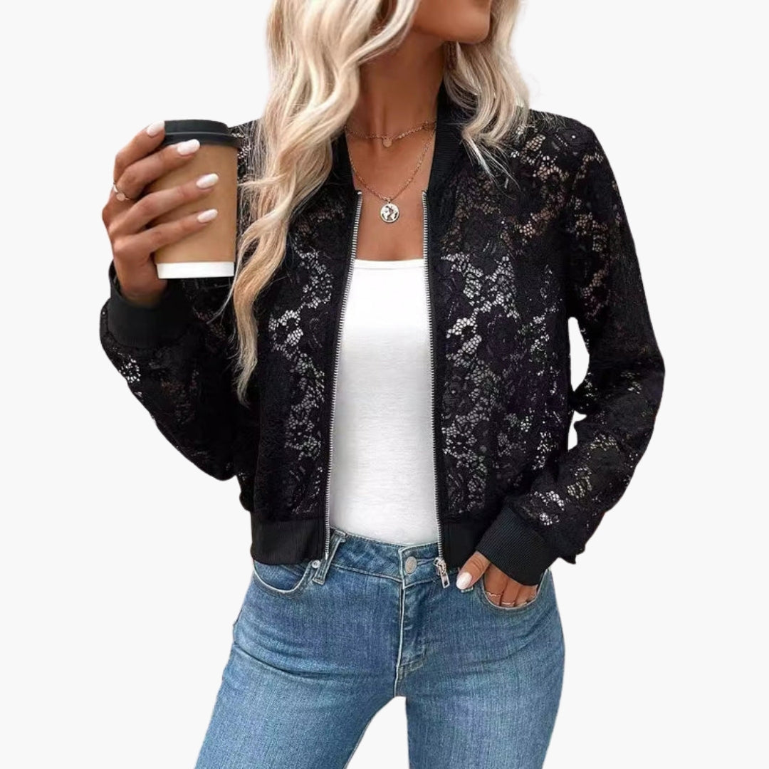 Blouson bomber femme en dentelle avec poignets côtelés