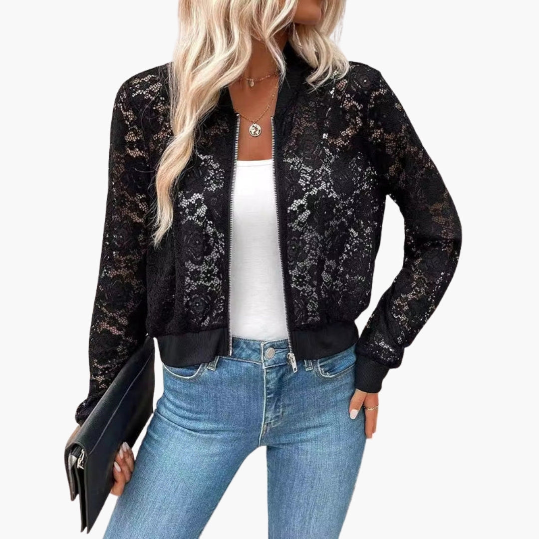 Blouson bomber femme en dentelle avec poignets côtelés