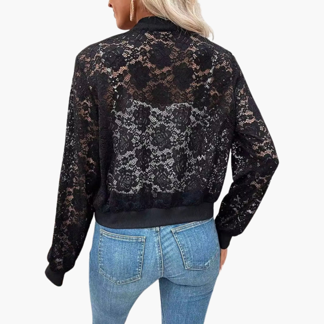 Blouson bomber femme en dentelle avec poignets côtelés
