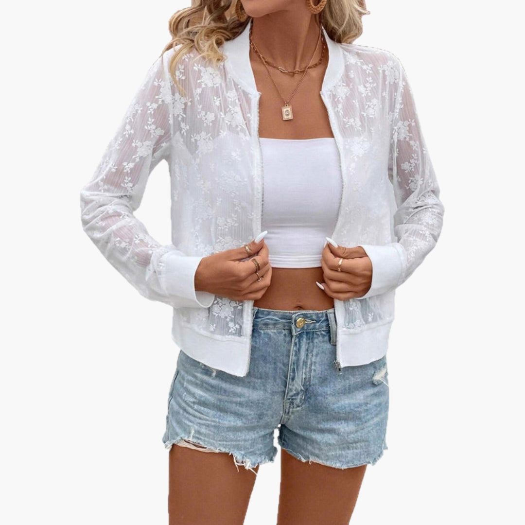 Blouson bomber donna trasparente con ricami floreali