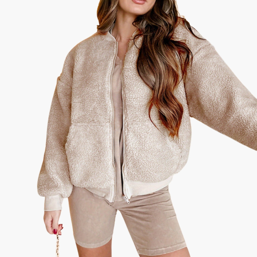 Blouson bomber in pile da donna con chiusura lampo