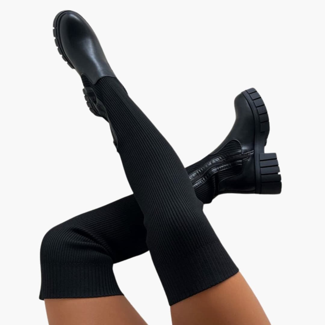 Bottes femme montantes stretch avec tige côtelée et semelle épaisse