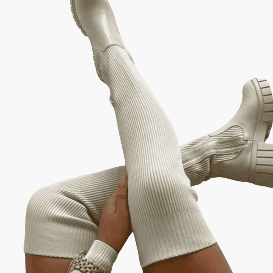 Bottes femme montantes stretch avec tige côtelée et semelle épaisse