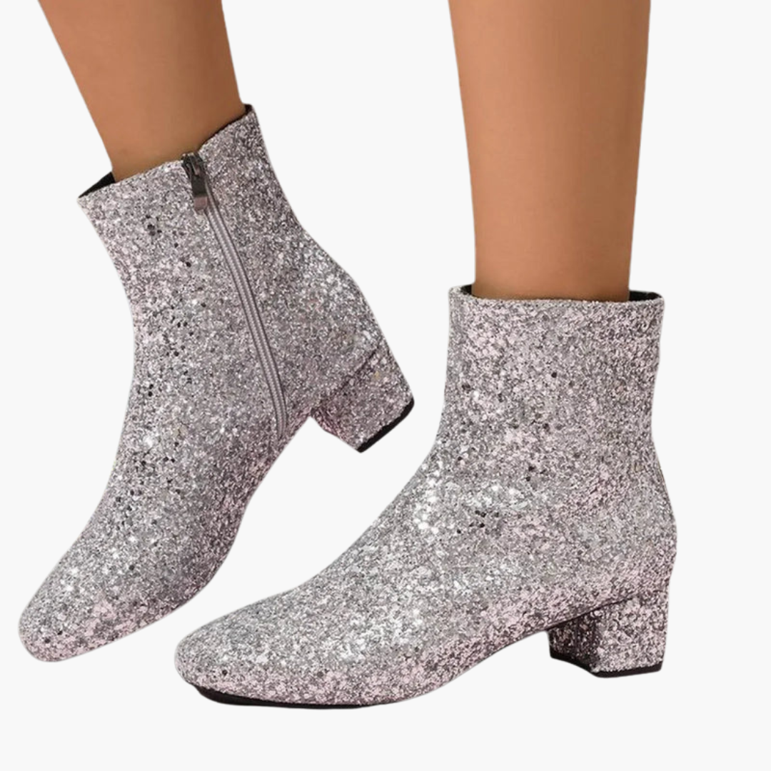 Bottines pour femme avec dessus scintillant et talon bloc