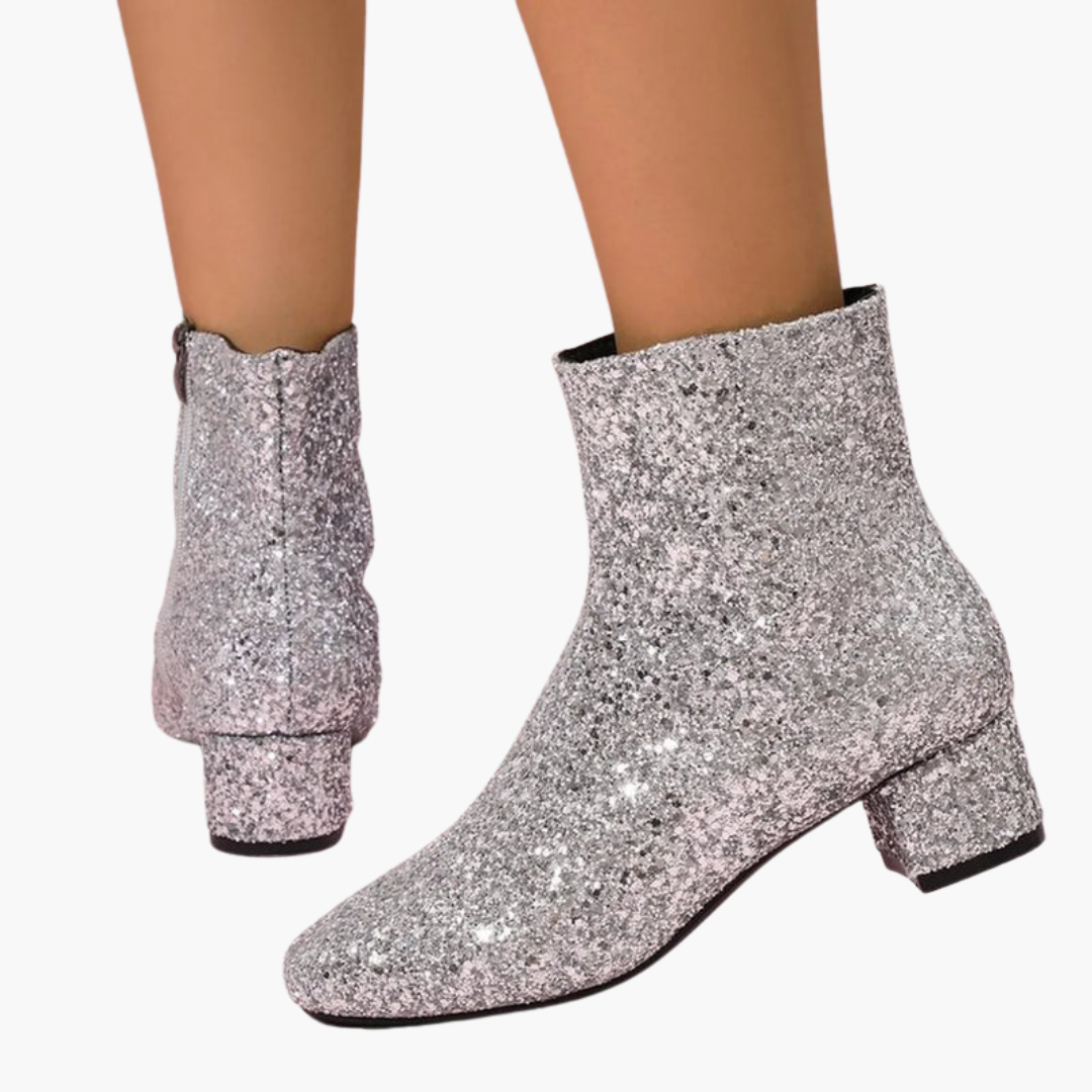 Bottines pour femme avec dessus scintillant et talon bloc