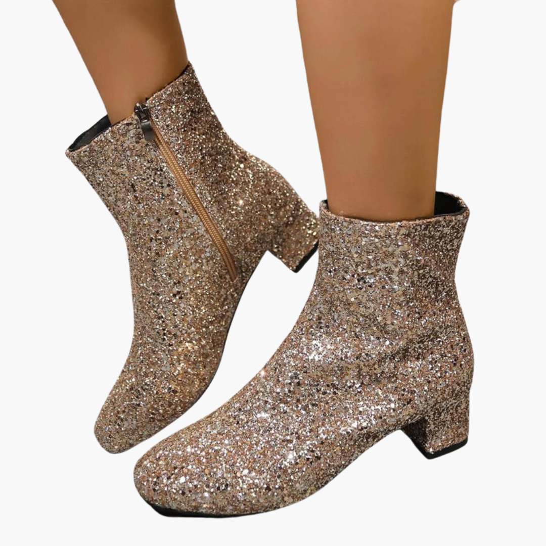 Bottines pour femme avec dessus scintillant et talon bloc