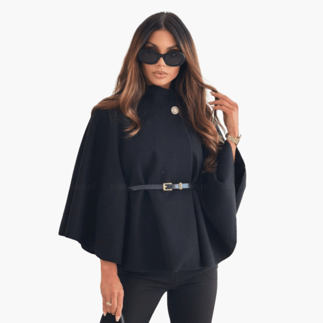 Women's wool cape with stand-up collar and belt
