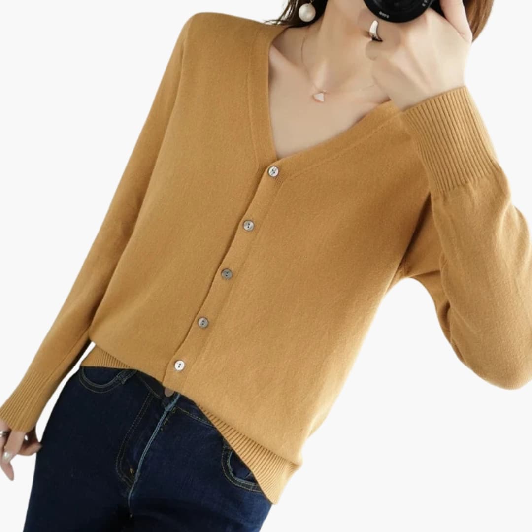 Cardigan femme à col V avec fermeture boutonnée et poignets côtelés