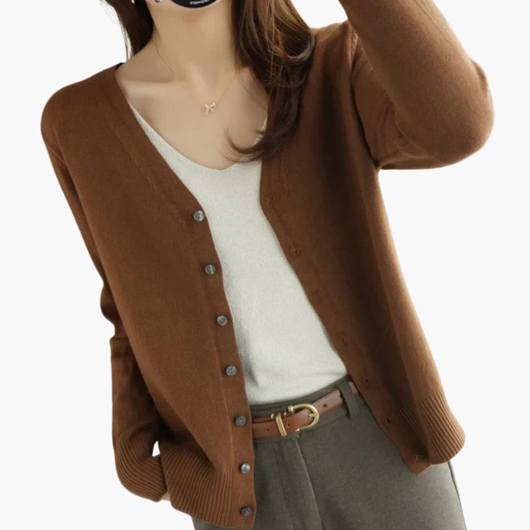 Cardigan femme à col V avec fermeture boutonnée et poignets côtelés