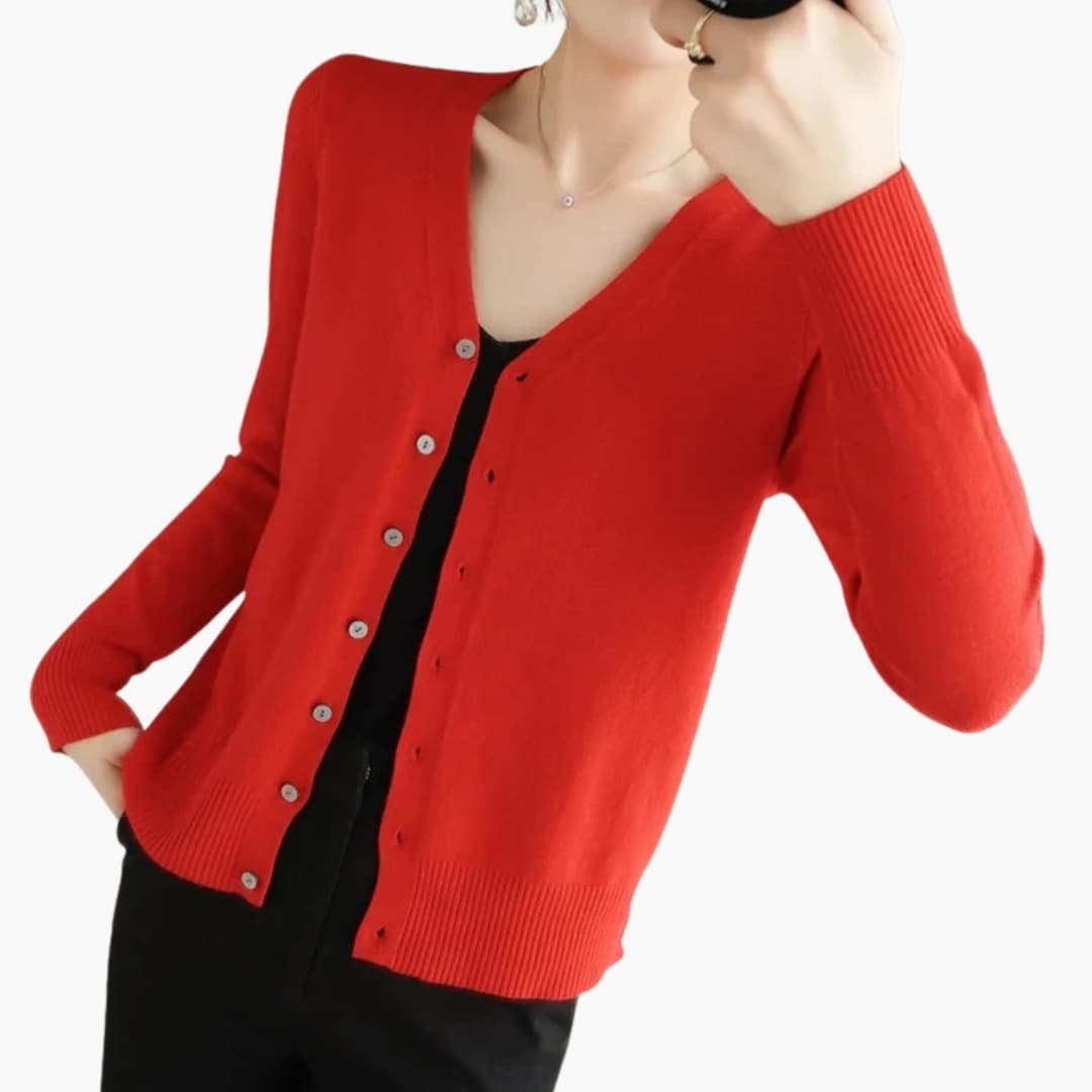 Cardigan femme à col V avec fermeture boutonnée et poignets côtelés