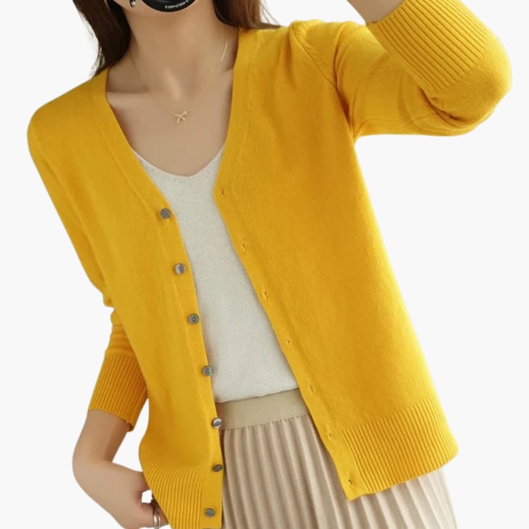 Cardigan femme à col V avec fermeture boutonnée et poignets côtelés