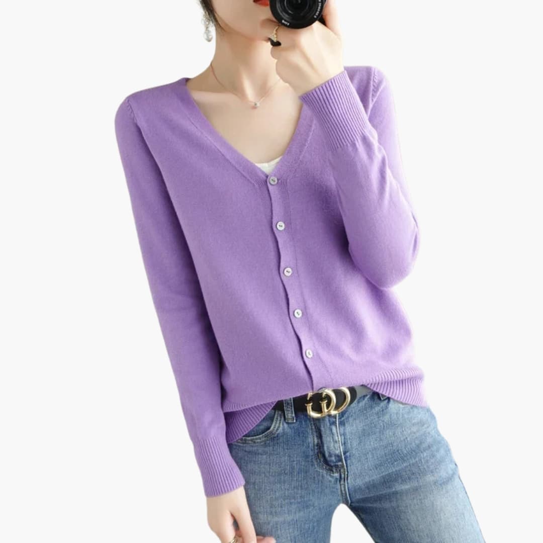 Cardigan femme à col V avec fermeture boutonnée et poignets côtelés