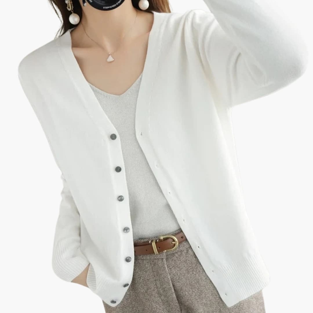 Cardigan femme à col V avec fermeture boutonnée et poignets côtelés