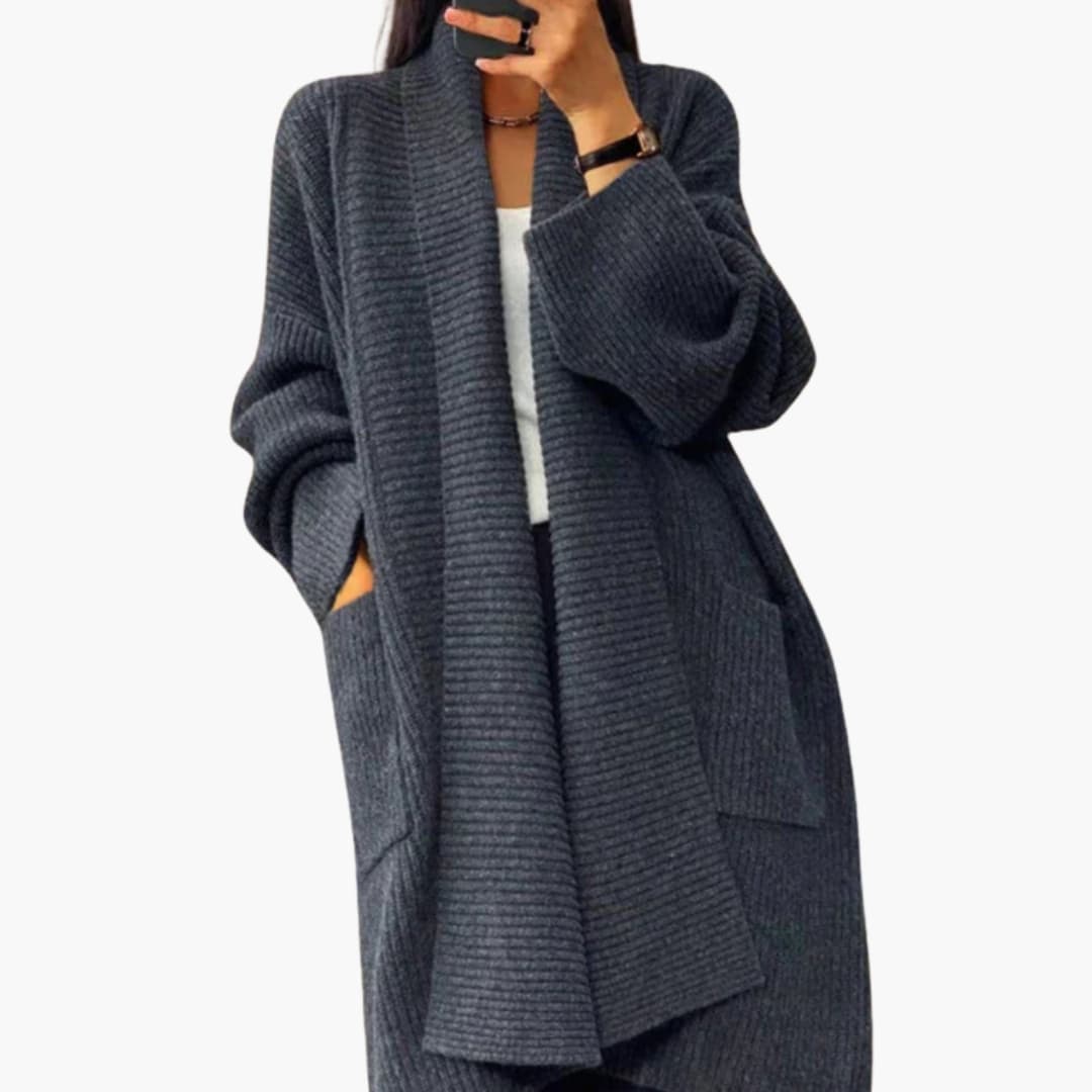 Cardigan long femme à poches avant côtelées