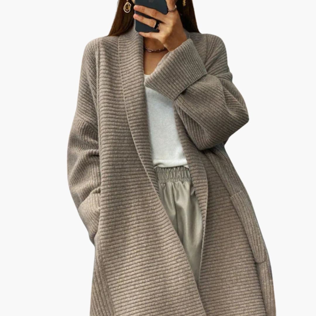 Cardigan long femme à poches avant côtelées
