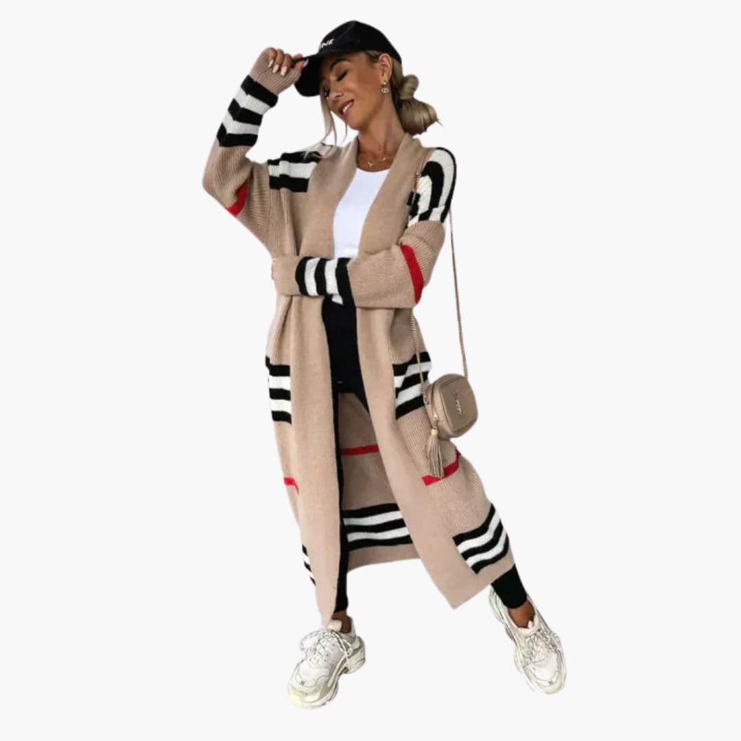 Cardigan long femme à rayures avec ouverture devant