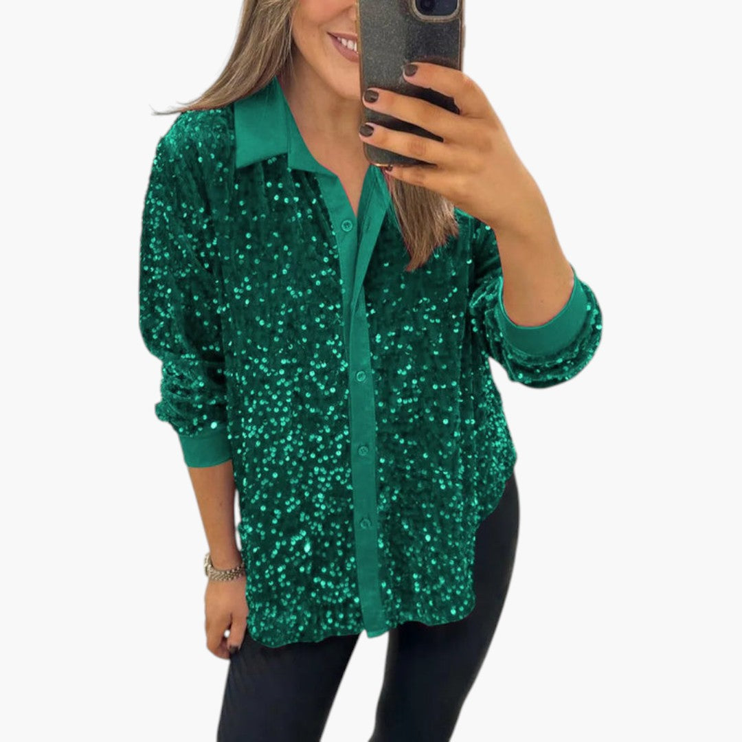 Camicia Donna con Superficie a Paillettes e Chiusura con Bottoni